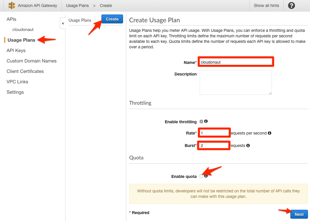 Creating a Usage Plan: Step 1/3