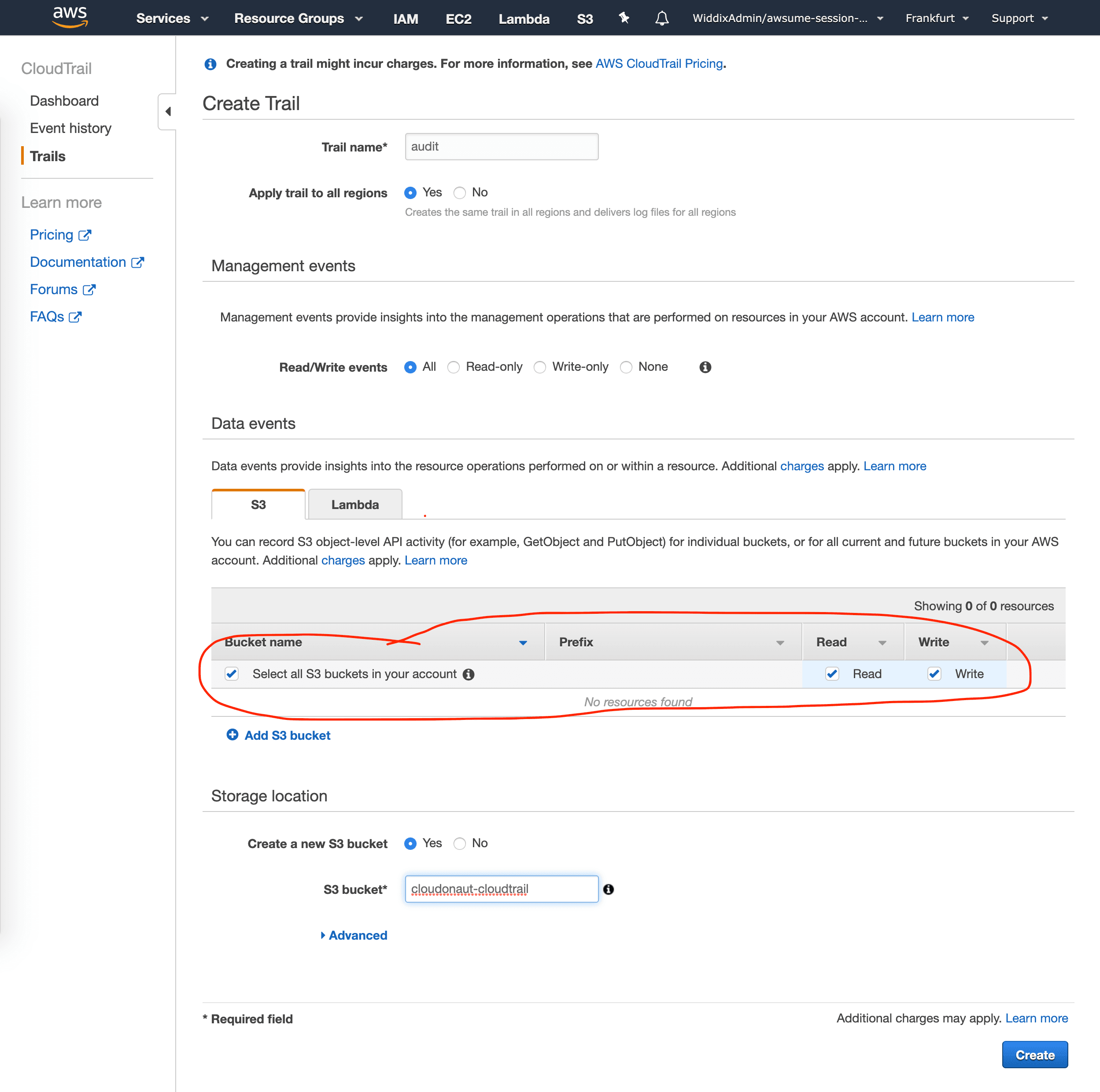 AWS Management Console: enable S3 data events