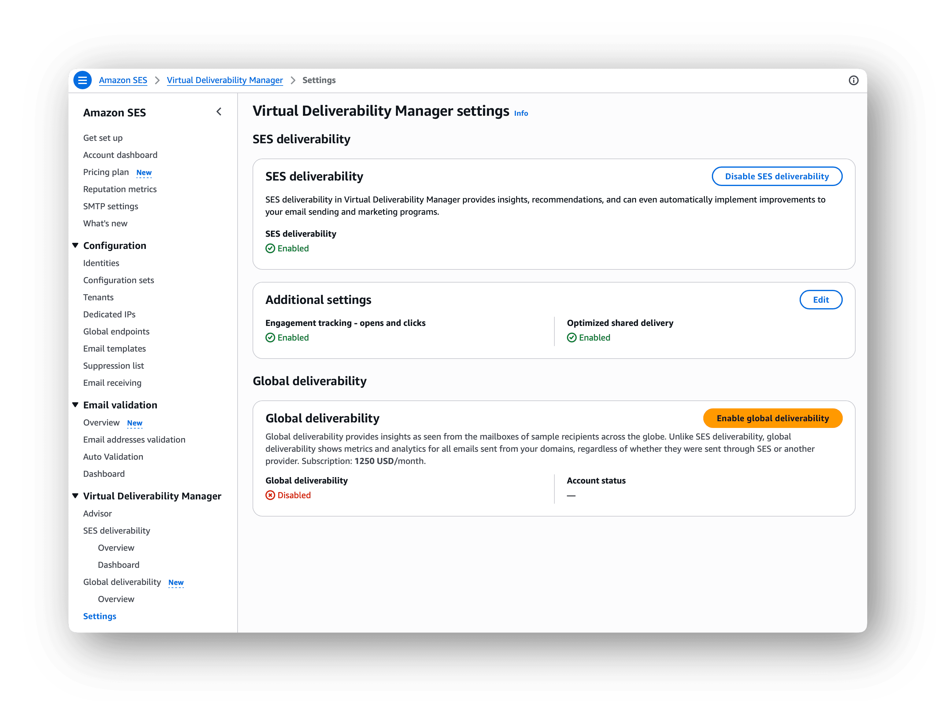 Enable and configure the SES Virtual Deliverability Manager